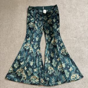 NWT Free People Hold Me Closer Flare Bell Bottom Pants Blue Velvet Emerald Sz XL